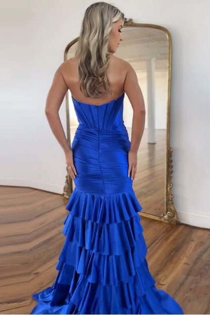 Royal Blue Sweetheart Corset Mermaid Satin Ruffled Tiered Long Prom Dress with Slit, PD25804