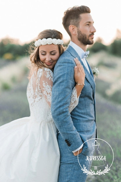 Ocean Blue Linen Summer Beach Groom Wedding Suits Casual Man Blazer Tuxedo, SU25018