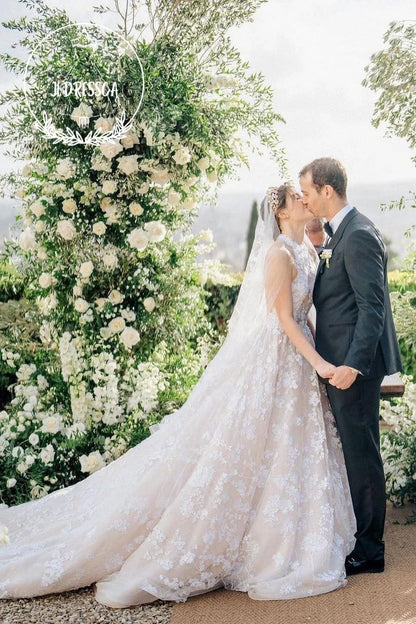 Romantic Long A-Line Tulle Wedding Dresses with Halter Neck and Appliques, WD25020