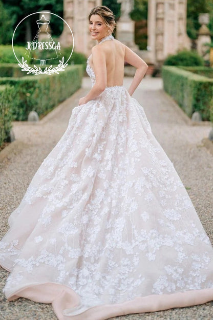 Romantic Long A-Line Tulle Wedding Dresses with Halter Neck and Appliques, WD25020