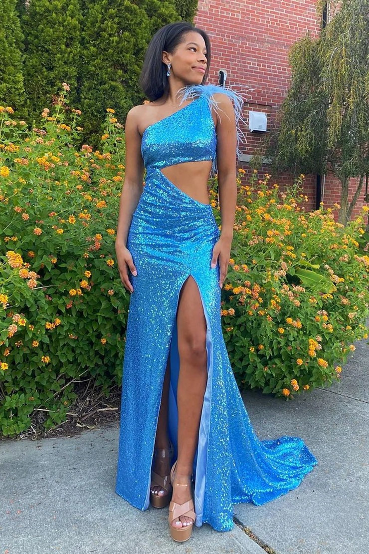 Sparkly Mermaid One Shoulder Blue Sequins Long Prom Dress with Feather, PD25543