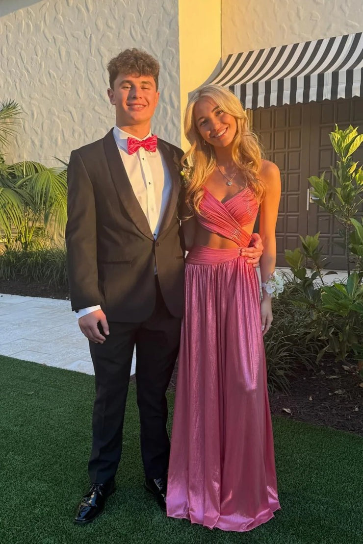 Pink V Neck Hollow Fashion Metallic Satin Long Prom Dress, PD25563