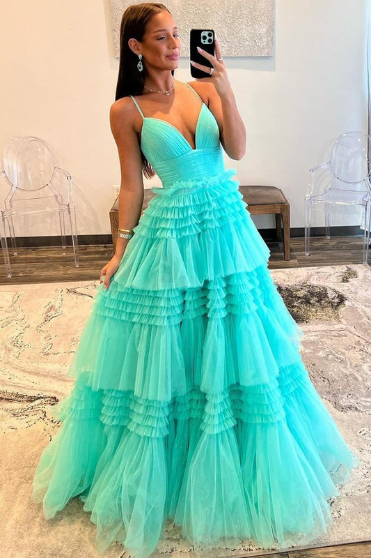 Green Spaghetti Straps Layers A-line Long Prom Dress, PD25695
