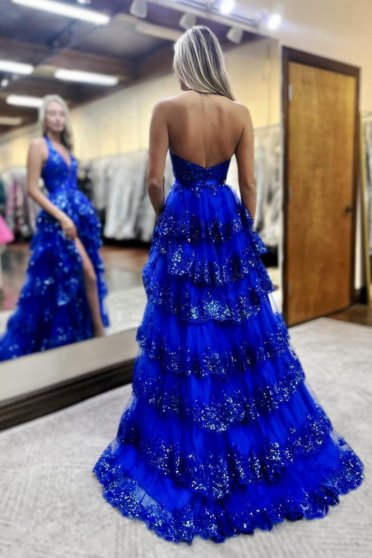 Royal Blue A Line V Neck Tiered Tulle Prom Dress with Slit, PD25745