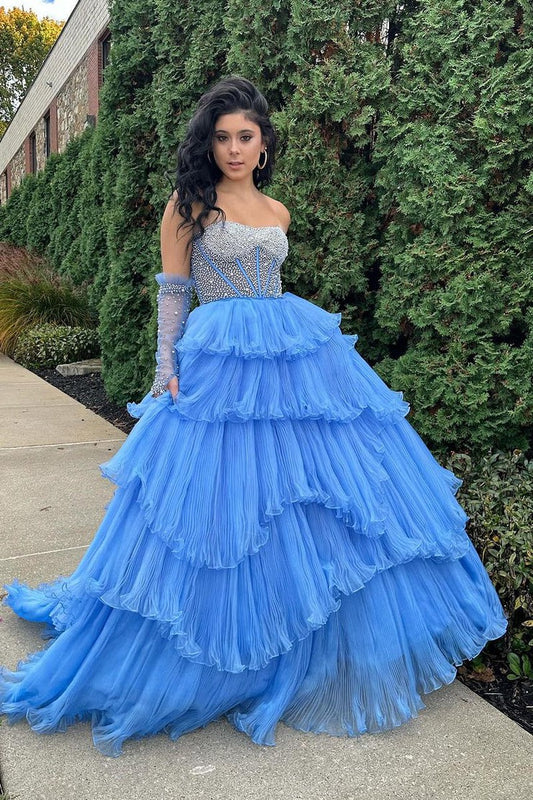 Blue Strapless Tiered Tulle Prom Dress with Beading, PD25783