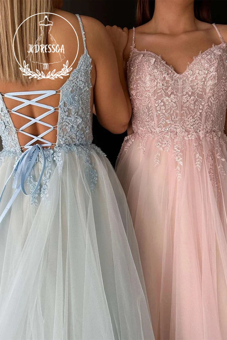 V Neck Tulle A-Line Prom Dress with Appliques, PD25860