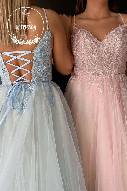 V Neck Tulle A-Line Prom Dress with Appliques, PD25860