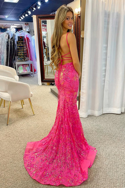Hot Pink V Neck Mermaid Sequins Lace Long Prom Dress, PD25764