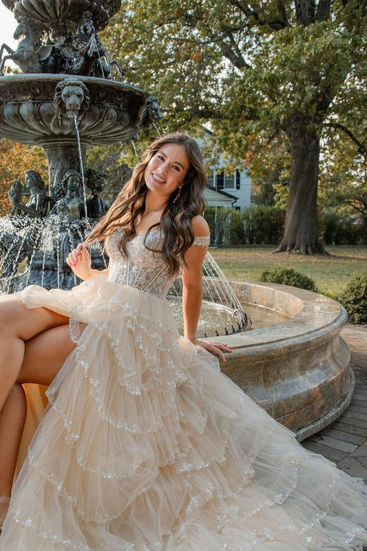 Tulle A-Line Off the Shoulder Long Prom Dresses with Appliques, PD25475