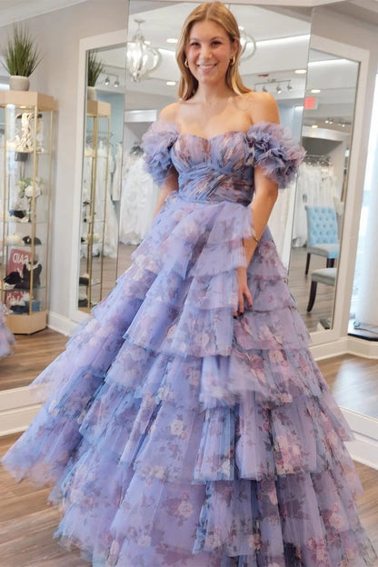 Periwinkle Flutter Sleeve Print Ruffle Tiered Long Prom Dress, PD25624