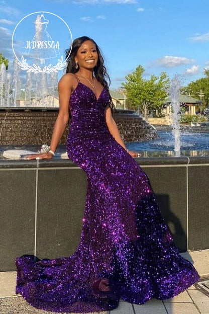 Purple Long Mermaid Prom Dresses with Sequin and V - Neck, PD25960