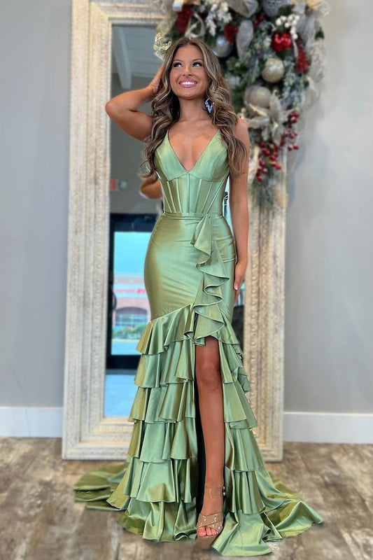 Sage Satin Charming Mermaid V Neck Tiered Slit Prom Dress, PD25384