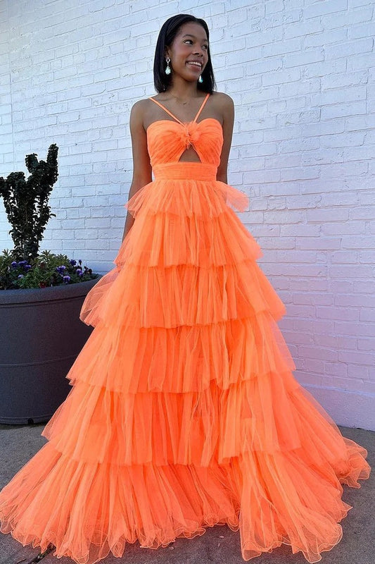Orange Tiered Cutout Sweetheart Tulle Long Prom Dress, PD25465