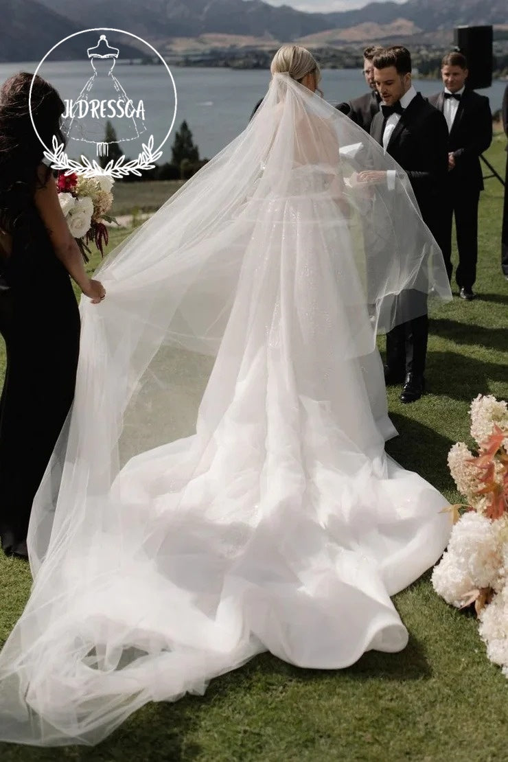 White A-Line Off-the-Shoulder Sequin Wedding Dresses, WD25040