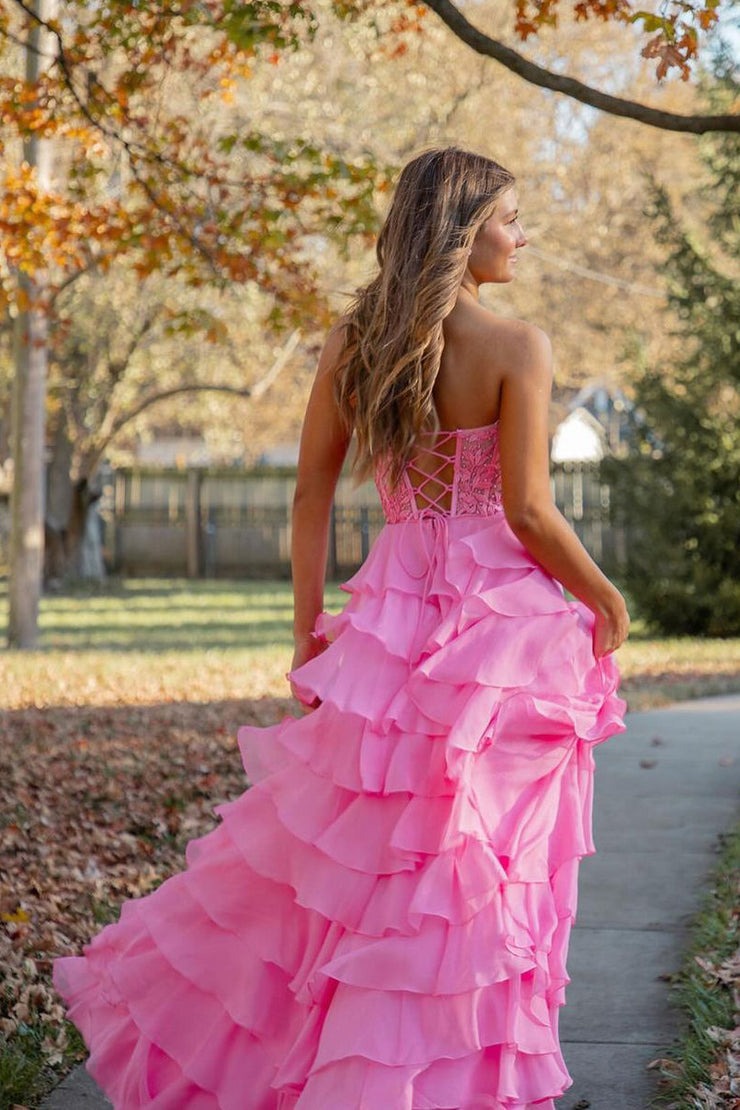 Pink Chiffon Sweetheart Tiered Long Prom Dress with Appliques, PD25484