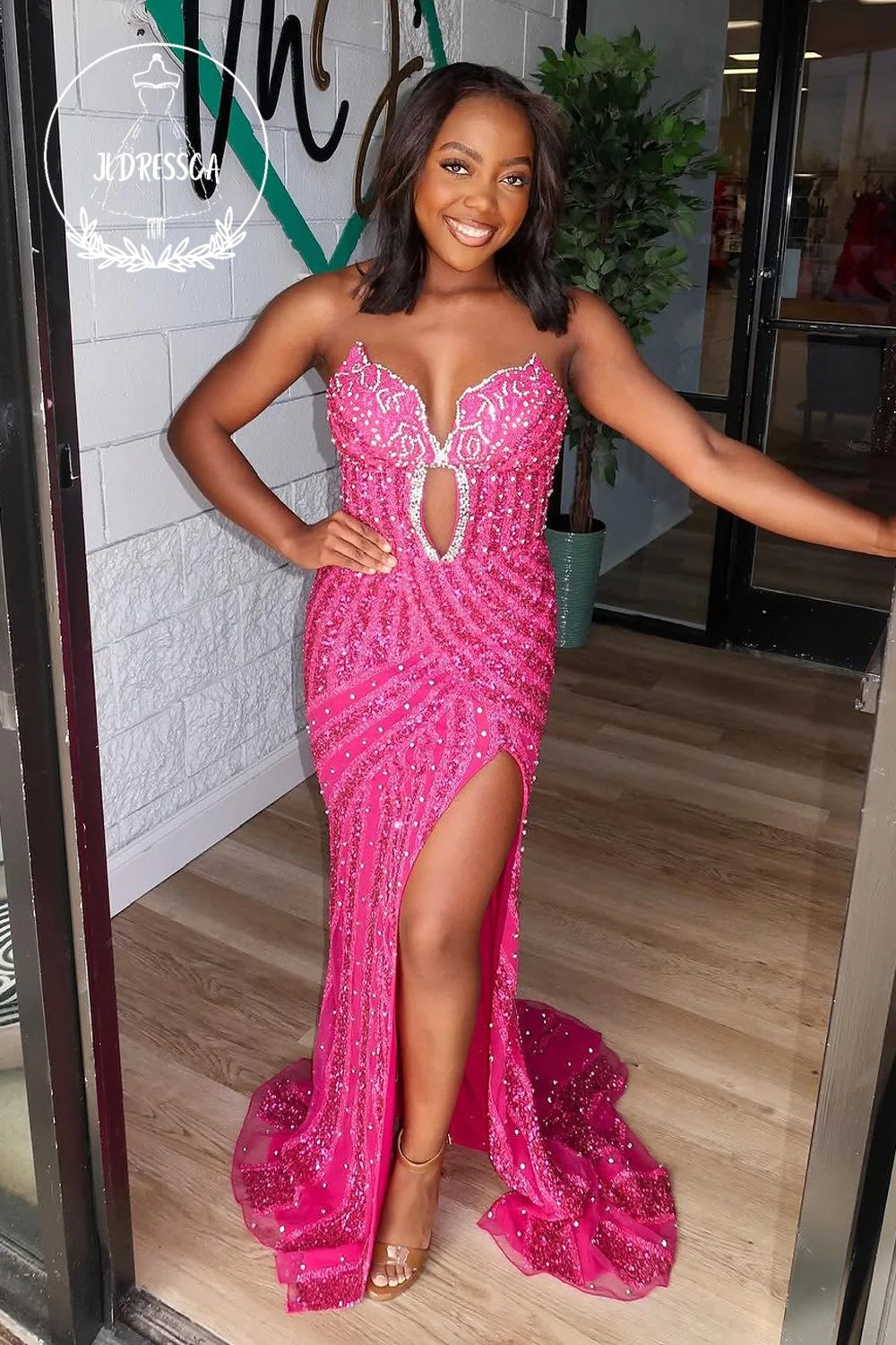 Mermaid Strapless Fuchsia Keyhole Sequins Long Prom Dresses with Slit, PD25890