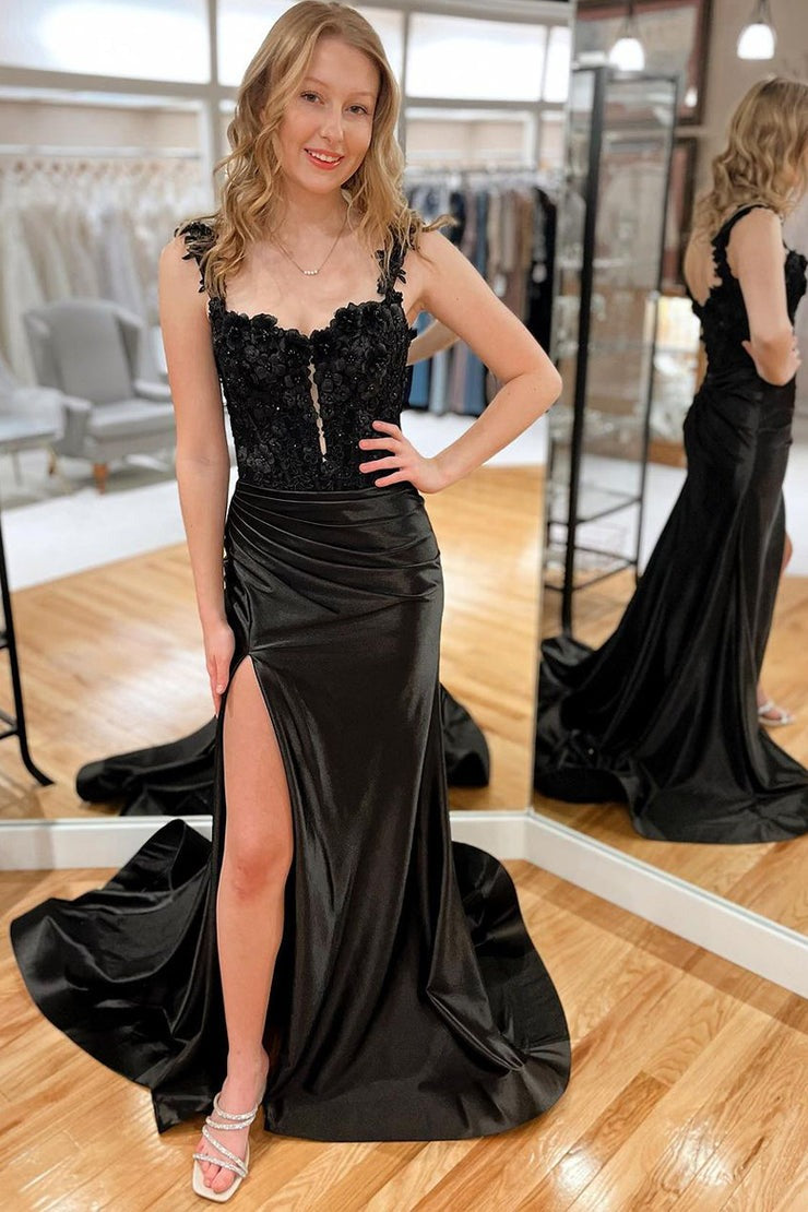 Black Satin Mermaid Sweetheart Long Prom Dress, PD25495