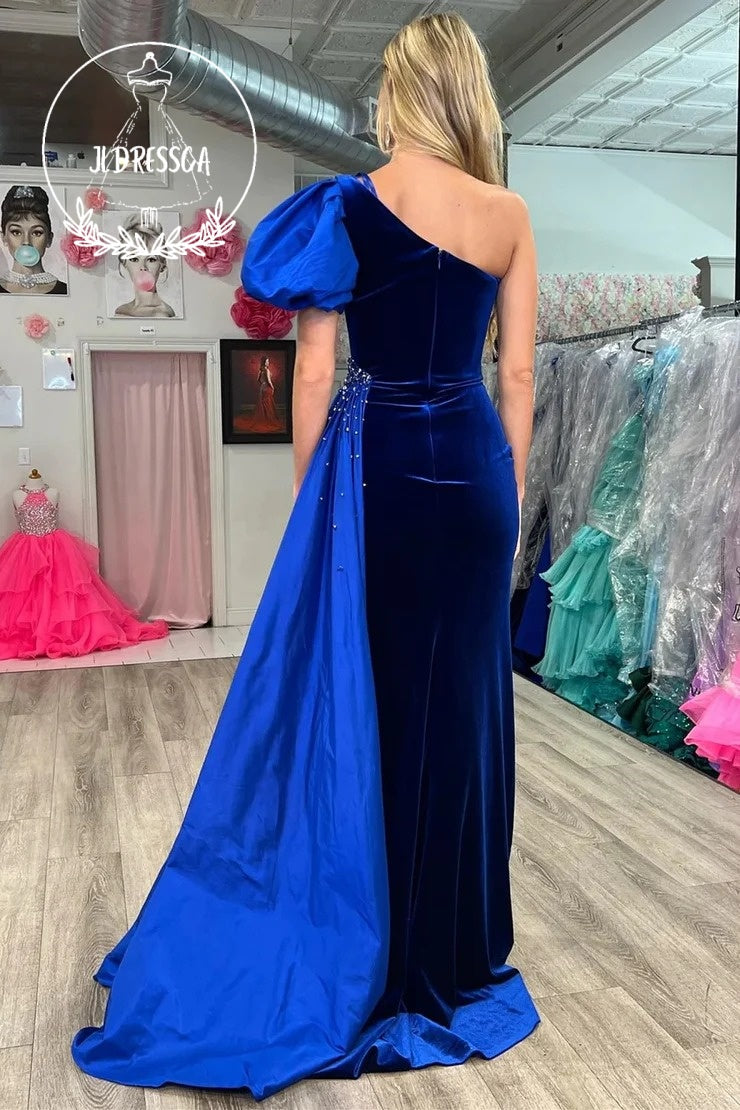 Royal Blue Long One-Shoulder Formal Velvet Dress with Attached Train, PD25970