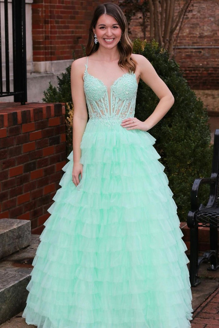 Mint Spaghetti Straps Long Tiered Tulle Prom Dress with Appliques, PD25735