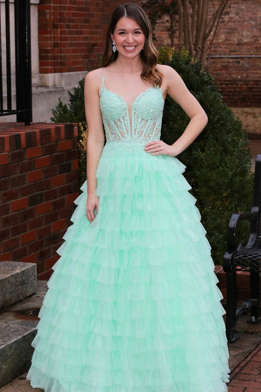 Mint Spaghetti Straps Long Tiered Tulle Prom Dress with Appliques, PD25735