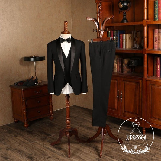 All Black Three-pieces Custom Wedding Suit For Grooms, SU25057