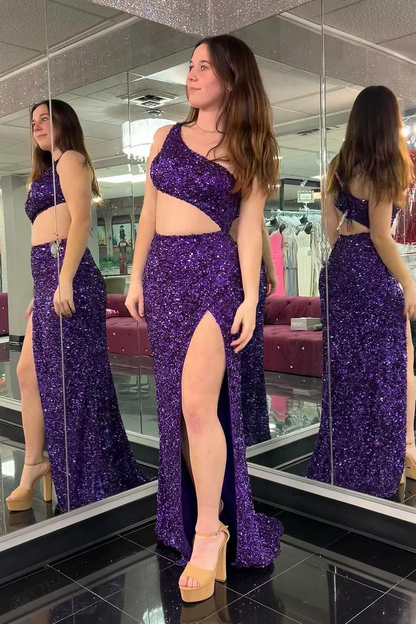 Purple One Shoulder Cutout Sequin Mermaid Long Prom Dress, PD2404234