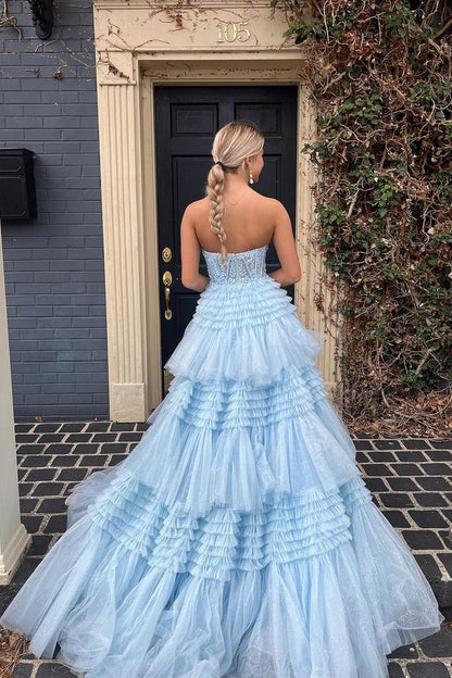 Strapless A Line Blue Ruffle Tiered Tulle Long Prom Dress with Appliques, PD25114