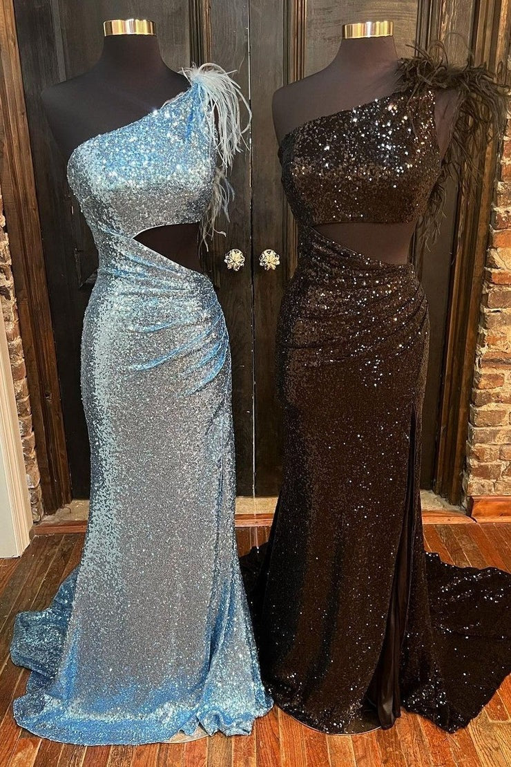 Blush Pink One-Shoulder Cutout Sequin Feathers Mermaid Long Prom Dress, PD25703