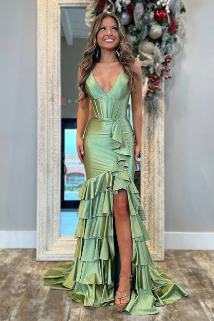 Sage Satin Charming Mermaid V Neck Tiered Slit Prom Dress, PD25384