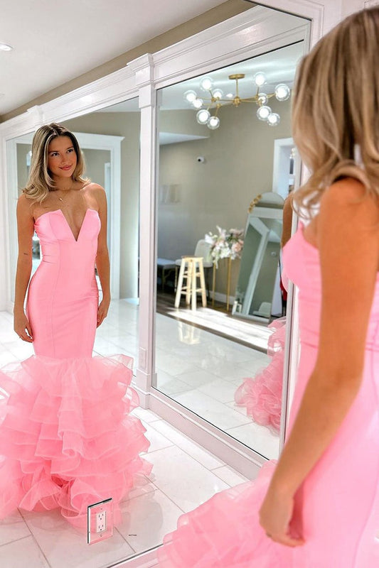 Pink Mermaid Strapless Long Prom Dresses, PD25595