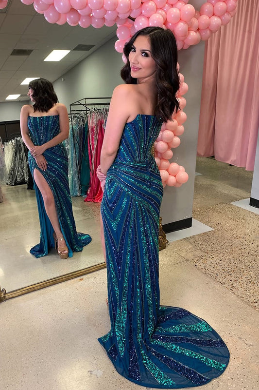 Blue Strapless Mermaid Sequins Long Prom Dress with Slit, PD25795