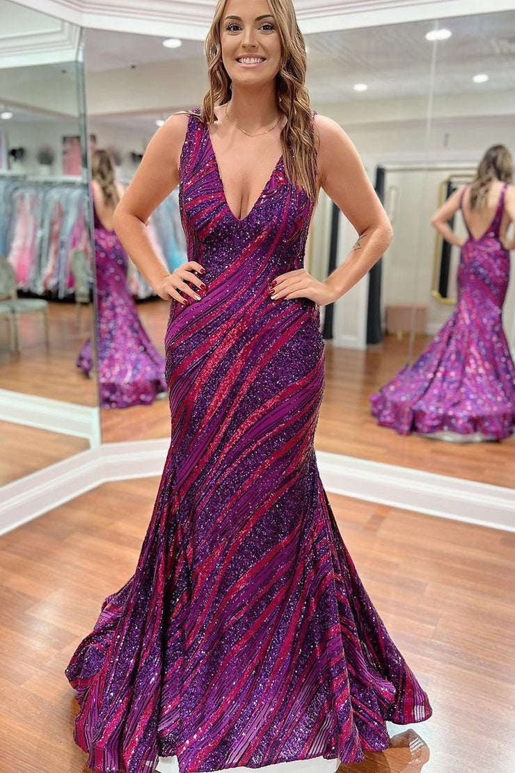Purple Mermaid V Neck Sequins Long Prom Dress, PD25614