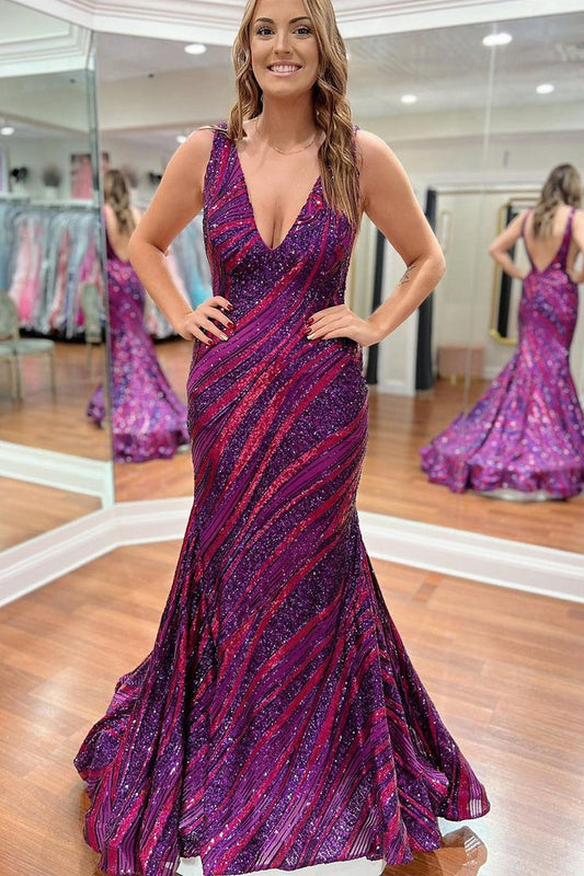 Purple Mermaid V Neck Sequins Long Prom Dress, PD25614