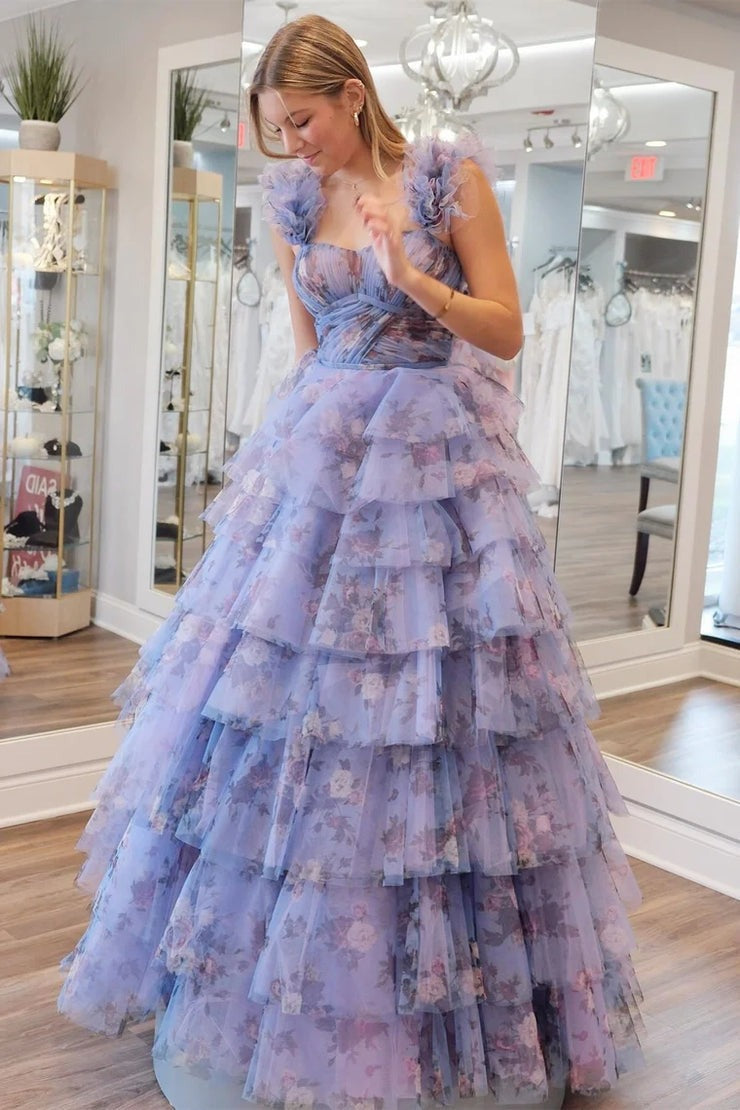 Periwinkle Flutter Sleeve Print Ruffle Tiered Long Prom Dress, PD25624
