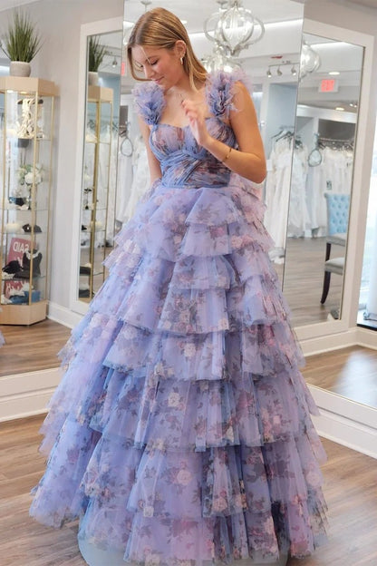 Periwinkle Flutter Sleeve Print Ruffle Tiered Long Prom Dress, PD25624
