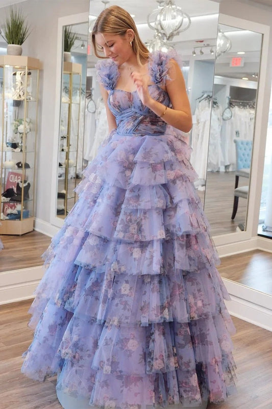 Periwinkle Flutter Sleeve Print Ruffle Tiered Long Prom Dress, PD25624