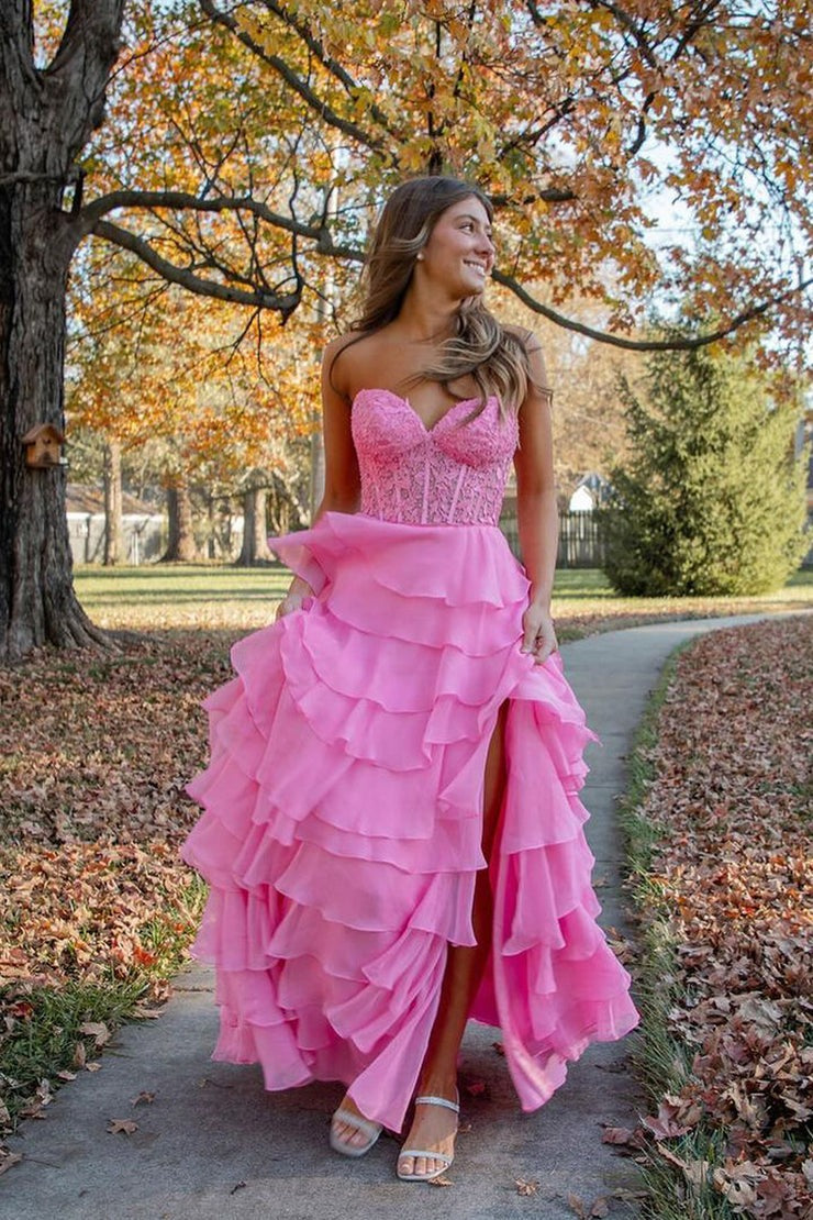Pink Chiffon Sweetheart Tiered Long Prom Dress with Appliques, PD25484
