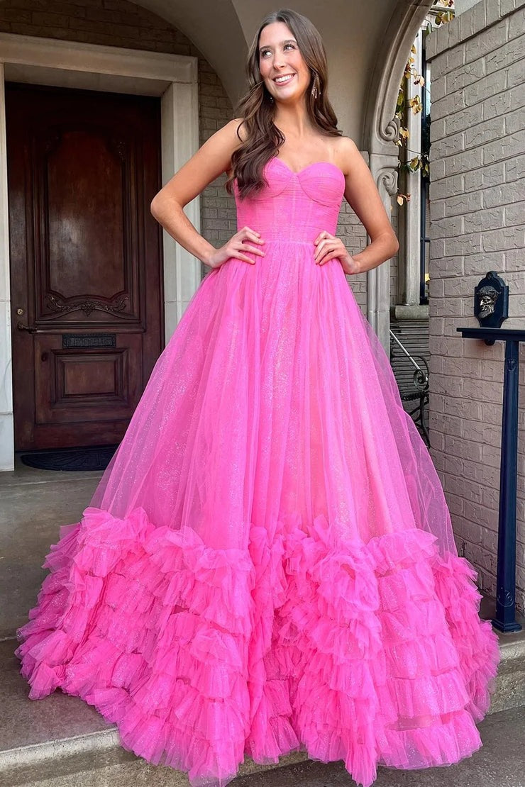 Fuchsia A-Line Strapless Ruffle Long Prom Dress, PD25643