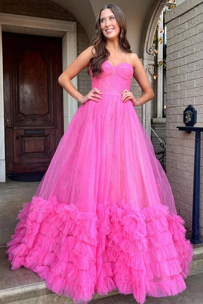 Fuchsia A-Line Strapless Ruffle Long Prom Dress, PD25643