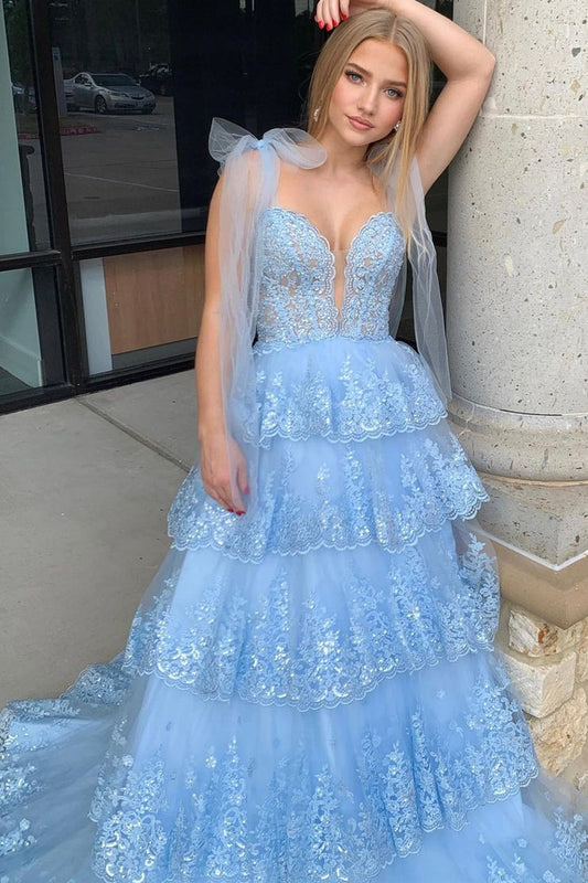 Light Blue Sweetheart Bow Tie Straps Appliques Tiered Tulle Prom Dress, PD25636