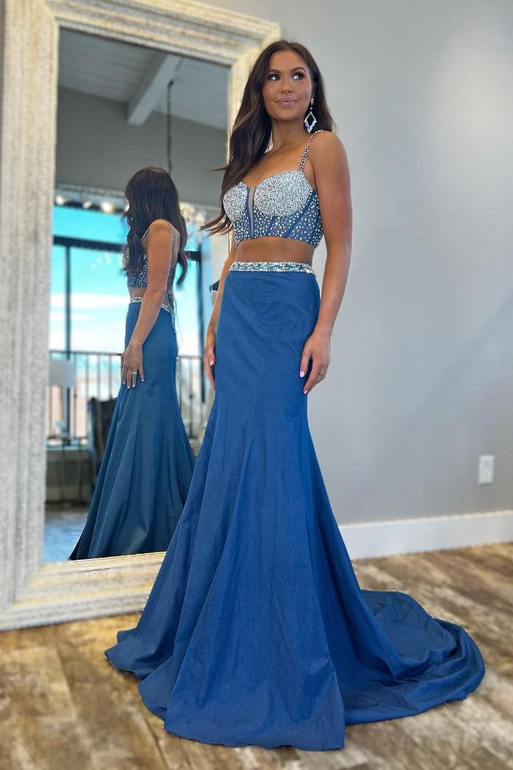 Blue Beaded Two Piece Long Prom Dress, PD25434