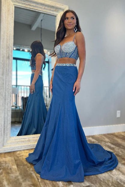 Blue Beaded Two Piece Long Prom Dress, PD25434