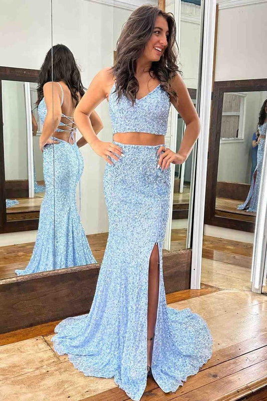 Light Blue V Neck Mermaid Sequins Slit Long Prom Dress with Lace-Up Back, PD25724