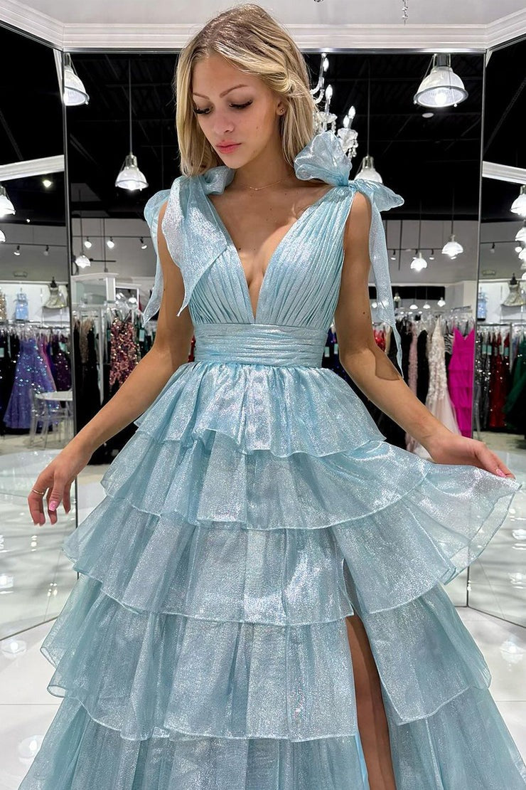 Light Blue V Neck Tiered Ruffle Long Prom Dresses with Slit, PD25534