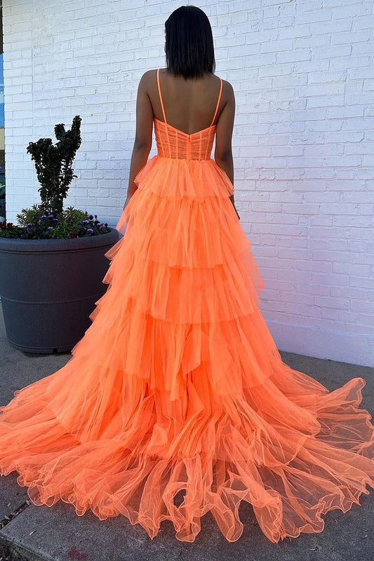 Orange Tiered Cutout Sweetheart Tulle Long Prom Dress, PD25465