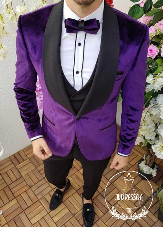 Formal Party Dress Outfit Men's Wear Purple Black Shawl Lapel Velvet Smoking Tuxedos, SU25050