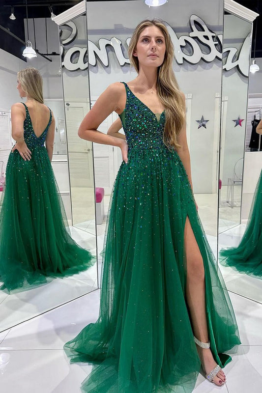 Dark Green V Neck Slit Tulle Long Prom Dresses, PD25714
