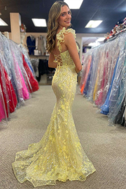 Yellow Lace Sweetheart Sequins Long Prom Dresses, PD25515