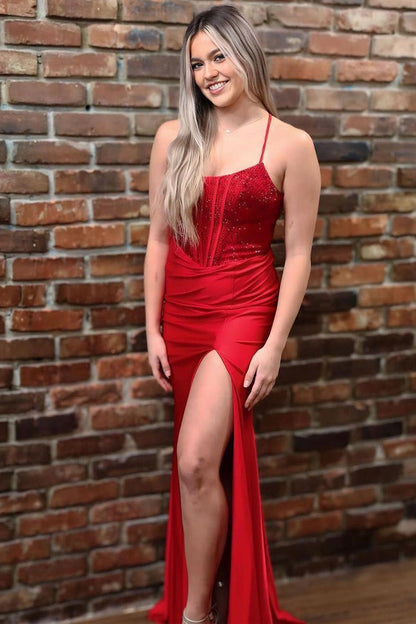 Red Satin Mermaid Scoop Neck Long Prom Dresses with Beading, PD25395