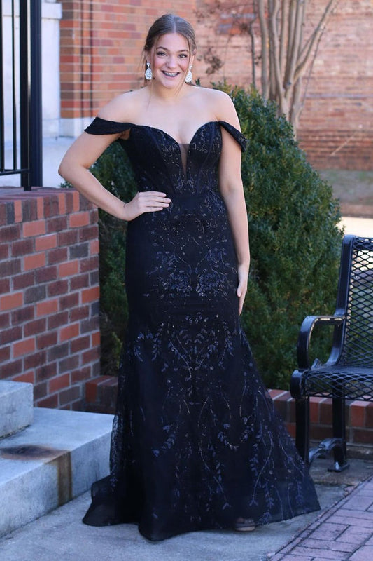 Black Sequins Appliques Mermaid Off the Shoulder Long Prom Dress, PD25365